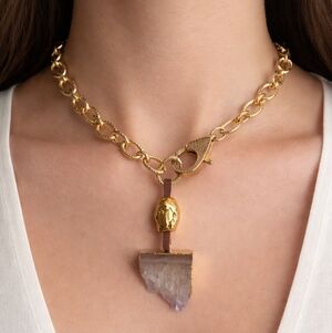 Gold Chain Quartz Stone Pendant Necklace – 18” Genuine Quartz, Pavé Lobster Clas